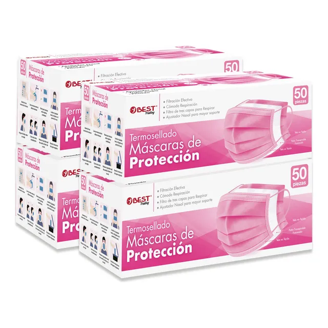 Best Trading Cubrebocas Rosa 200 piezas, Mascarilla Desechable Termosellado Tricapa, Tapabocas con Ajustador Nasal Oculto y Tecnología Ligera de Filtrado Efectivo