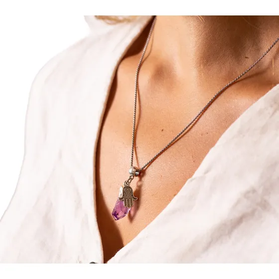 Collar Con Piedra Amatista Transmutar Acero Quirúrgico