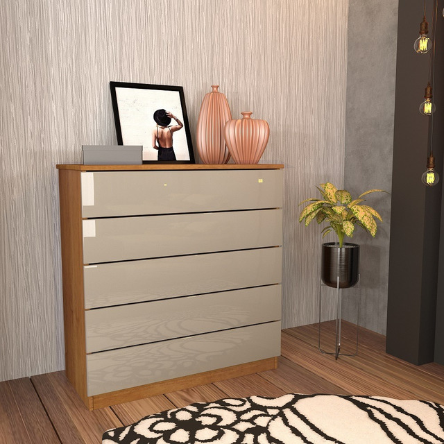 Cômoda 5 Gavetas Mdf Premium Tcil Cor Cinamomo/off White Cômoda 5 Gavetas Mdf Premium Tcil Cor Cinamomo/off White