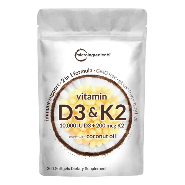 Vitamina D3 + K2 Mk7 10000iu 200 Mcg 300 Capsulas Blandas Us Sabor Sin Sabor