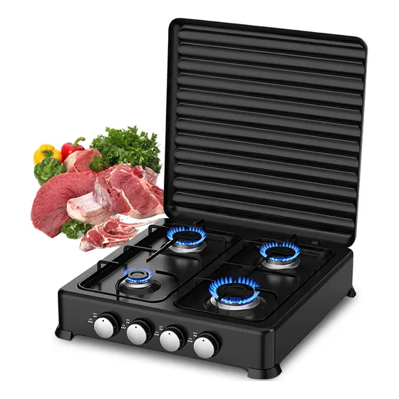 Parrilla Estufa Gas De Mesa 4 Quemadores, Independiente Parrillas de Gas Duradero Con Tapa, Soporte Ollas Cuadradas Recubrimiento Resistente al Aceite, para LP Fácil de Limpiar Cocina Camping