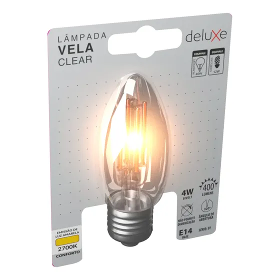 Lampada Led Vela Filamento Clear 4w 2700k Branco Quente E14 127/220v Cod: 351070374 Deluxe By Avant