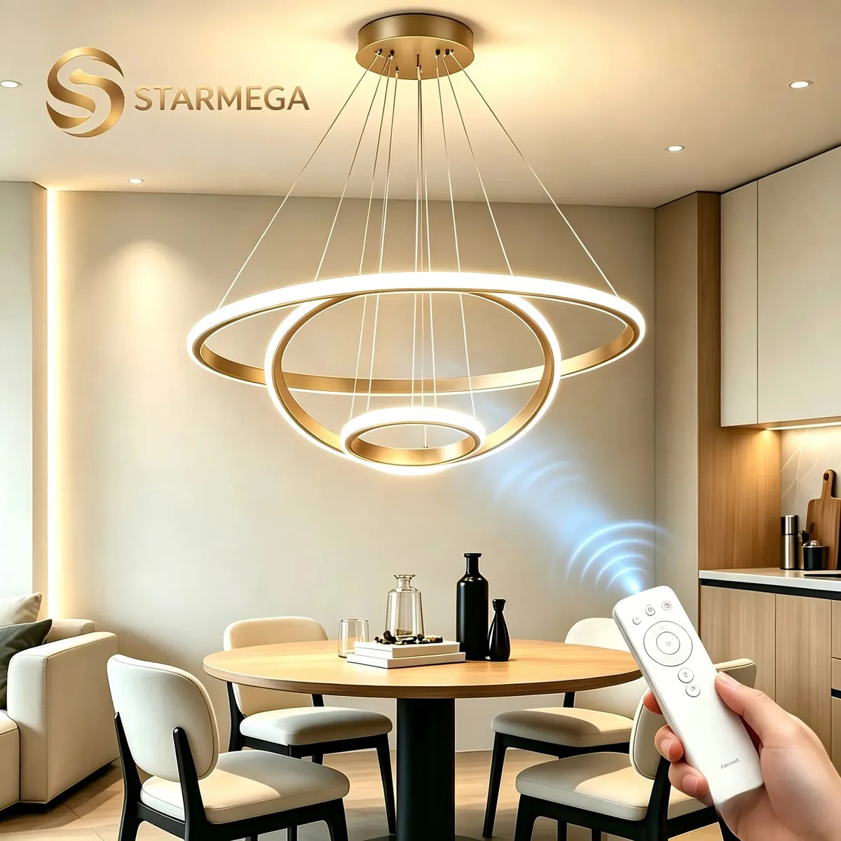 Lustre LED Moderno de 3 Arcos para Sala de Jantar, Teto, com Controle Remoto Dourado Lustre LED Moderno de 3 Arcos para Sala de Jantar, Teto, com Controle Remoto Dourado