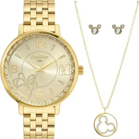 Relógio Disney Minnie Condor Kit Feminino Dourado
