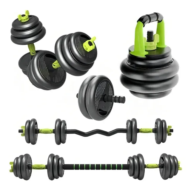 Kit De Mancuernas De 20 Kg Termoforradas En Pvc Con Conexion Para Pesa Rusa Y Barra Larga De 1.5 Metros 12 Discos En Total Marca Homesale Color Negro Con Verde