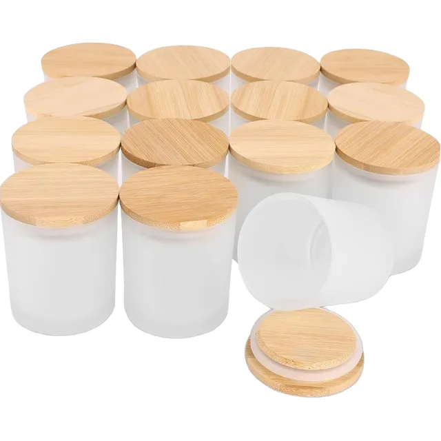 Envase Para Velas  De Vidrio Esmerilado Con Tapa De Bambú