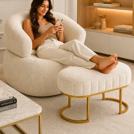 Poltrona Itália Orgânica + Puff Boucle Luxo Sala Quarto Off White Boucle