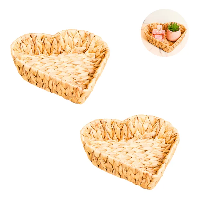 Kit 2 Cesto Bandeja Coração Trançado Fibra Natural Decoração