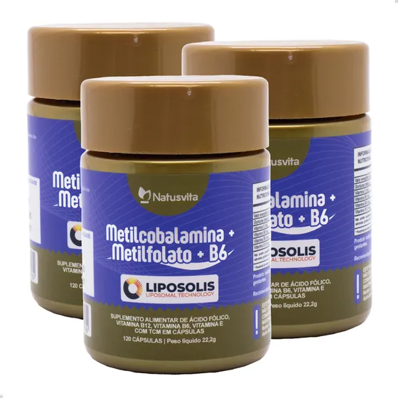 Kit 3und 360 Cáps Metilcobalamina Vitamina B12 Ativa e Concentrada c/ Metilfolato Ácido Fólico ativo Suplemento Importado Energia contra Cansaço Disposição Imunidade em Cápsulas
