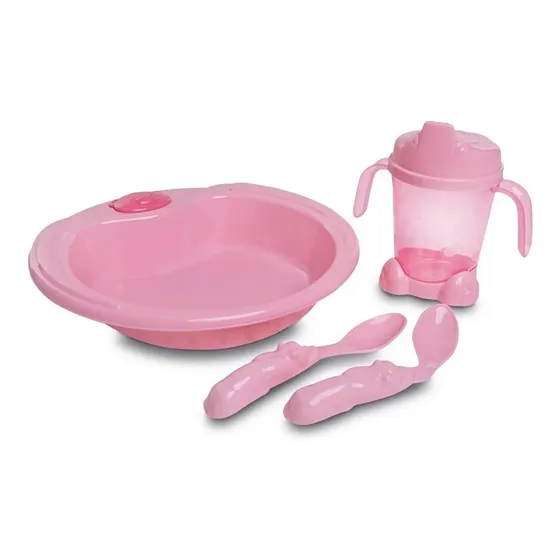 Kit Alimentação - Adoleta Bebê - Prato / Copo / Colheres Cor Rosa