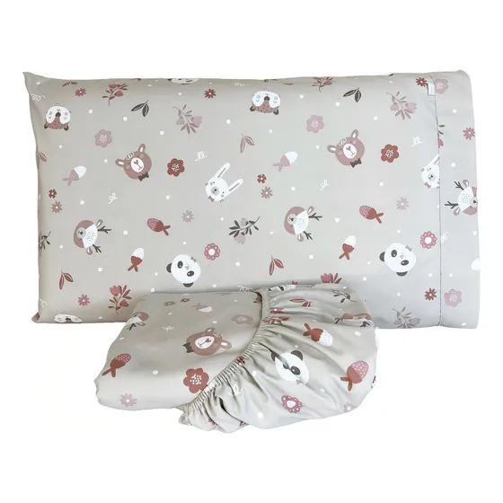Lençol Para Mini Cama C/ Elástico E Fronha Bichinhos Cor Bege
