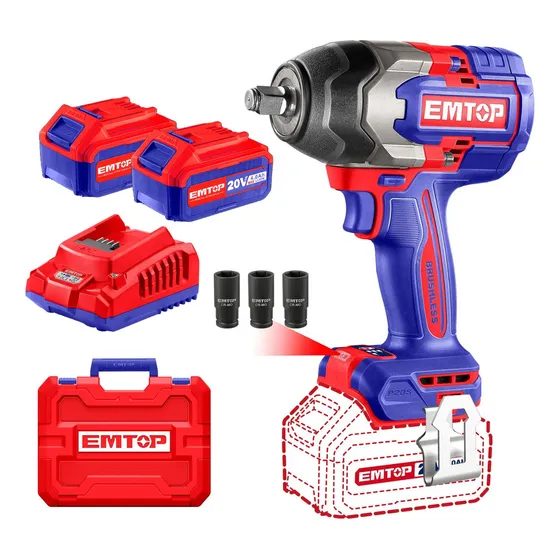 Llave De Impacto 850nm + 2 Baterias 4ah Y Cargador Emtop Color Rojo