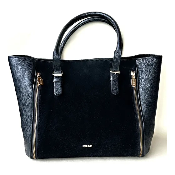 Cartera Al Hombro Prune Negra Cuero Graneado Y Gamuza
