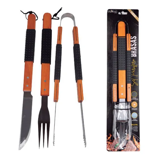 Set Parrillero Brasas 3 Pzas Cuchillo Tenedor Y Pinzas Doral