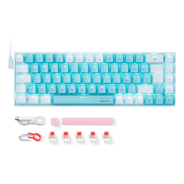 TERPORT Z11 Teclado Mecánico Español 65% Red Switch Hotswap Cable Removible Retroiluminación Azul Con 18 Efectos Tema Anime Miku Con 69 Teclas Antighosting y Programable - Azul/Blanco