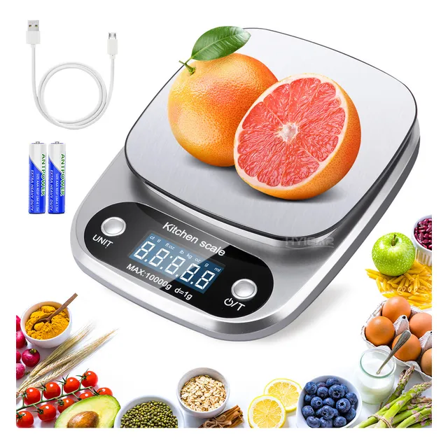 Hyiear Báscula de cocina USB recargable báscula electrónica con capacidad máxima de 10 kg/22 lbs función de tara 9 unidades de medida balanza multifuncional para alimentos incluye 2 pilas AAA