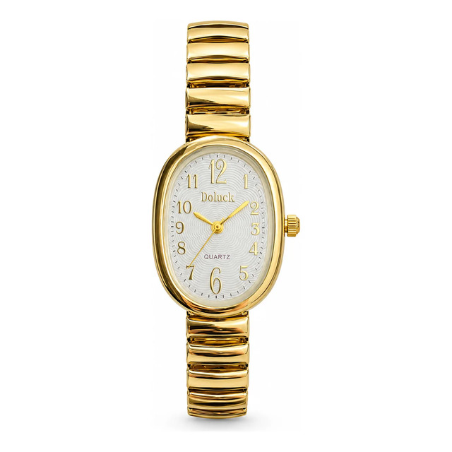 Relógio de pulso feminino Doluck com caixa oval dourada, mostrador branco texturizado e pulseira expansível dourada em fundo branco.