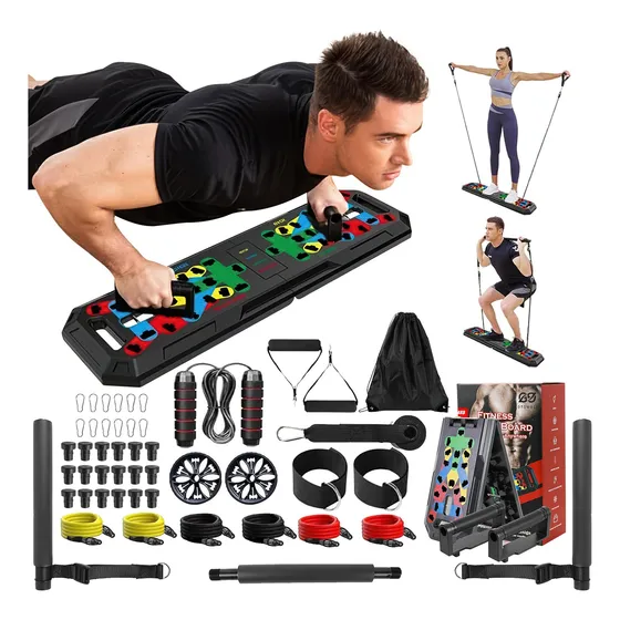Kit Prancha Para Flexão De Braço+rodinha Abdominal+hand Grip
