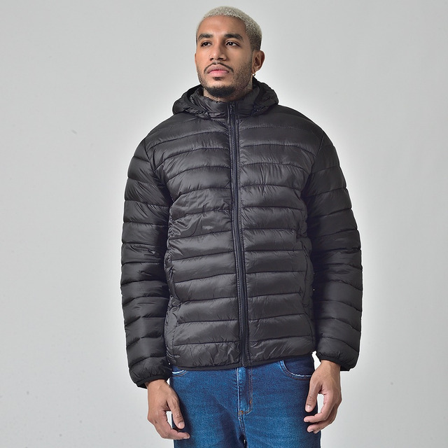 Jaqueta Puffer Acolchoada Masculina Capuz RemovĂvel Preto Jaqueta Puffer Acolchoada Masculina Capuz RemovĂvel Preto