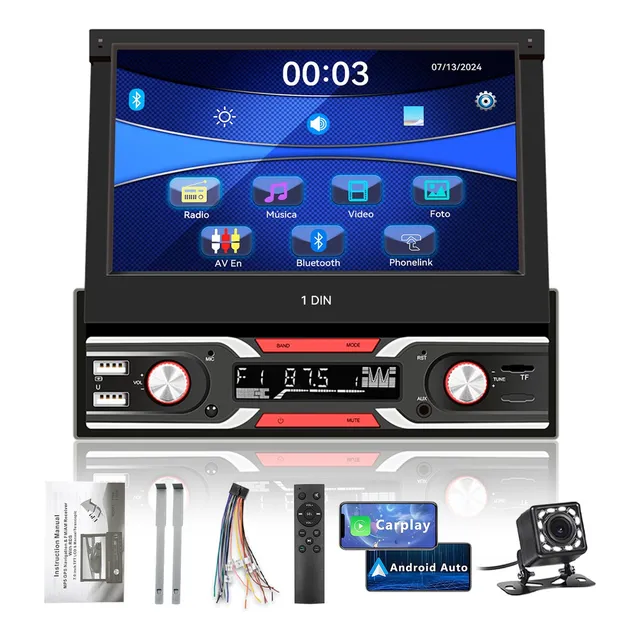 Autoestéreos con Pantalla 7in Retráctil con Mirrorlink 1 din Autos Estereo y Cámara Bluetooth Transmisor Fm Hecho 9603 Negro