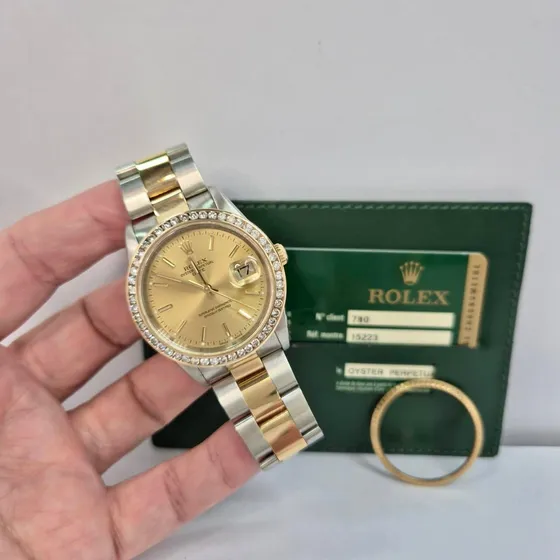 Rolex Oyster Perpetual Date Diamonds &  Gold & Steel 34mm Dourado/prateado Prateado Dourado