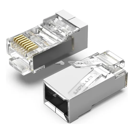 Ficha De Red Plug Rj45 Vention - CAT6 FTP Modular Blindada - Pack 10 unidades - Crimpeable - Conector Cable Red Lan Ethernet Chapado Oro - Router / Camaras seguridad / Modem Servidores PC - IDCR0-10