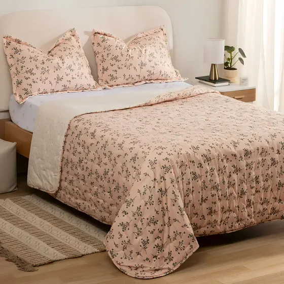 Cubrecama Queen Reversible Estampado Flores Olga + Fundas Coral | Cuotas sin interés