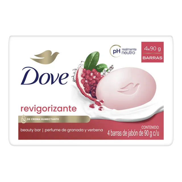 Dove Jabón en Barra Revigorizante Granada y Verbena, para una piel suave y fresca, con 1/4 de crema humectante 4 x 90 g