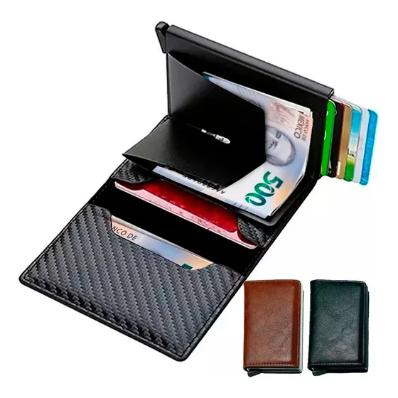 Cartera Tarjetero Billetera Unisex De Cuero Protección Rfid Color Gris Oscuro