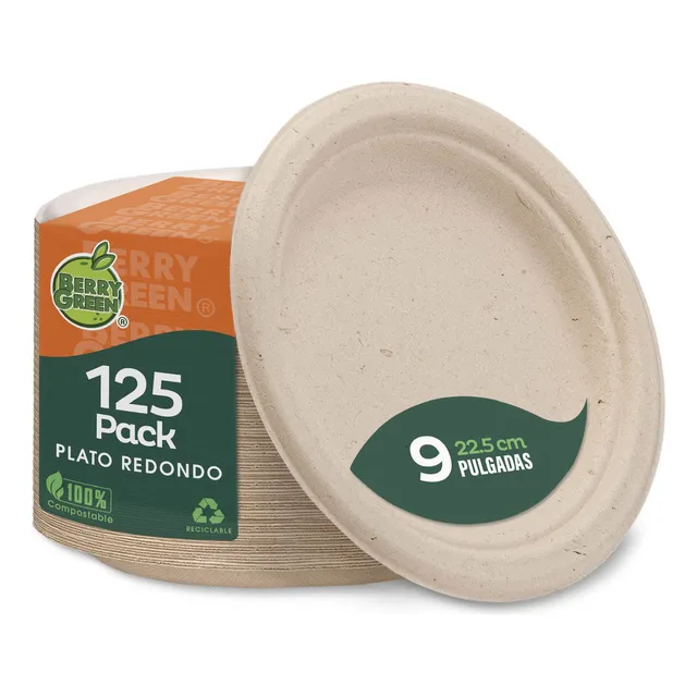 Berry Green 125 Platos Grandes Desechables 100% Compostables Material de Alta Calidad, Resistentes a los Liquidos, Ecológico, Hecho de Fibras de Caña de Azúcar de 22.5 cm (9 Pulgadas)