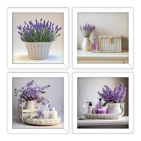 Kit 4 Quadros 18x18 Cm Banheiro, Lavabo, Flores Lilás, Vidro