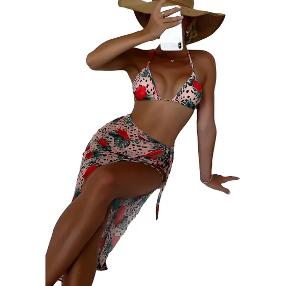 Shein 3pzas Bikini Triángulo C/estampado Floral Con Falda Pl