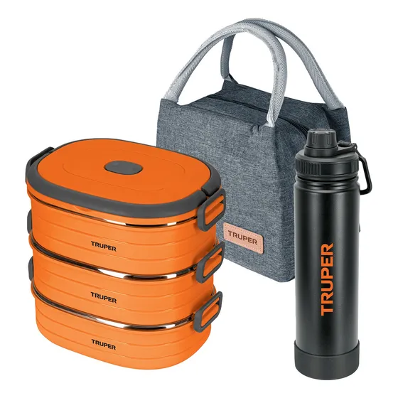 Kit Lonchera Termica Con 3 Contenedores + Botella Aluminio Color Naranja Liso