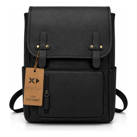 Mochila Couro Vintage Impermeável Unissex Evo Iconic Usb Preto Liso