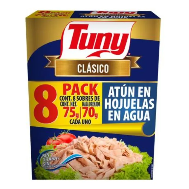 Atún En Agua Tuny Clásico 8 Sobres De 75 G C/u