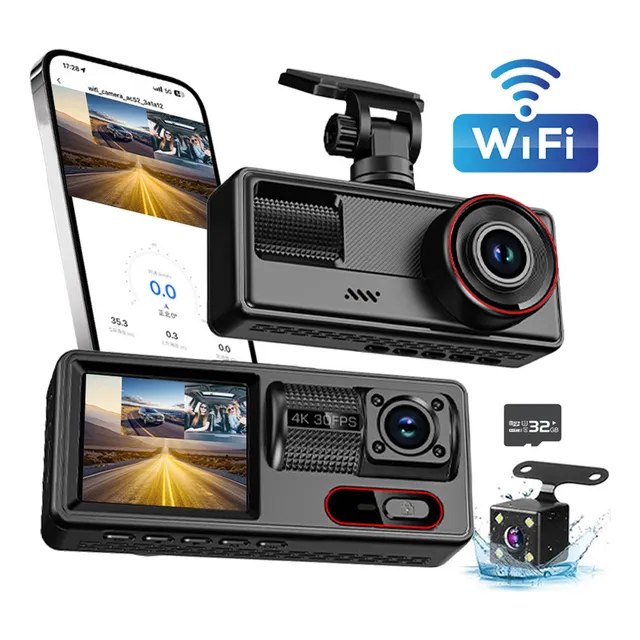 Cámara Para Auto Con Triple Lente 1080p Wifi Visión Nocturna, Cámara De Tablero Frontal, Trasera E Interior. Cámara De Coche Dash Cam 1080 Hd 170 Ángulo Con Tarjeta De Memoria 32 Gb