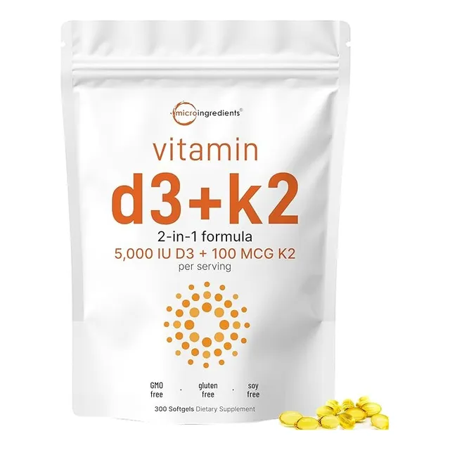 Vitamina D3 + K2 Mk7 5000iu 100mcg 300 Capsulas Blandas Usa