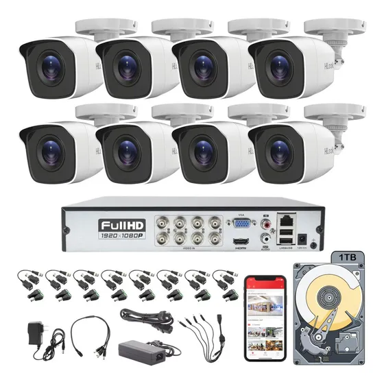 Kit Circuito Cerrado Hilook Dvr 8 Canales 8 Camaras 1080p 2mp Full Hd Thc-b120-pc Video Baluns Disco Duro 1tb