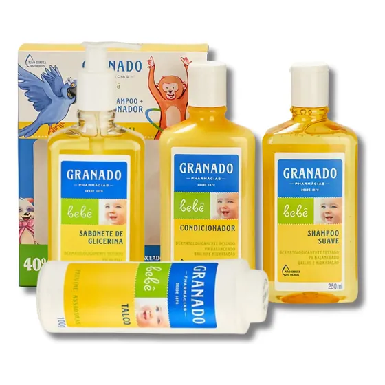 Kit Banho Granado Bebê Shampoo e Condicionador Sabonete Líquido e Talco Tradicional Suave - 4 Itens