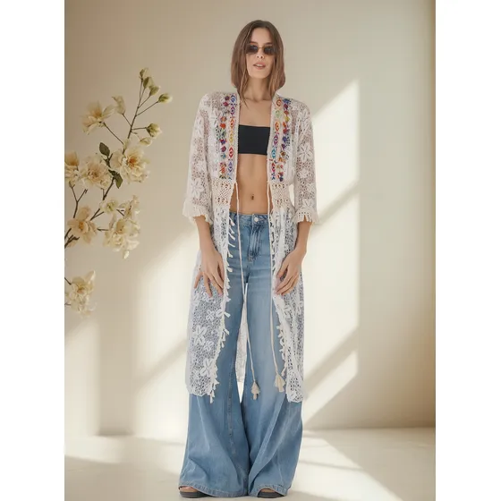 Kimono De Mujer Rainbow Encaje Flecos Multicolor Gu52737
