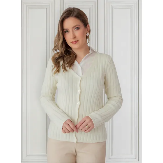 Cardigan Tricot Modal Canelado Decote V Com Botões Feminino