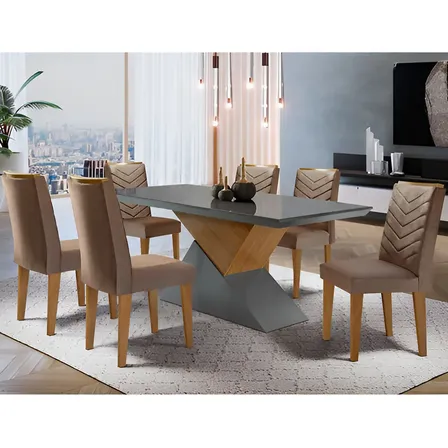 Mesa Aster 180 Tampo Em Mdf E Vidro + 6 Cadeiras Liz Moderna Cor Marrom, Grafite E Imbuia