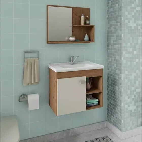 Kit de armario de baño Lotus con espejo café/blanco MDF  MGM lavabo color blanco muebles de color madera con blanco