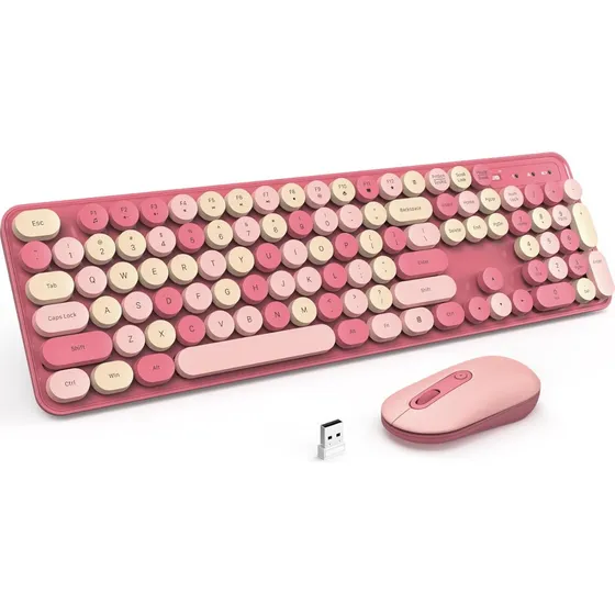 Kit Combo Teclado E Mouse Sem Fio Rosa Retrô Notebook Pc Mac