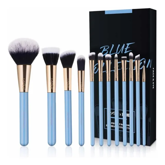 Juego De 12 Brochas Maquillaje Colección Azul