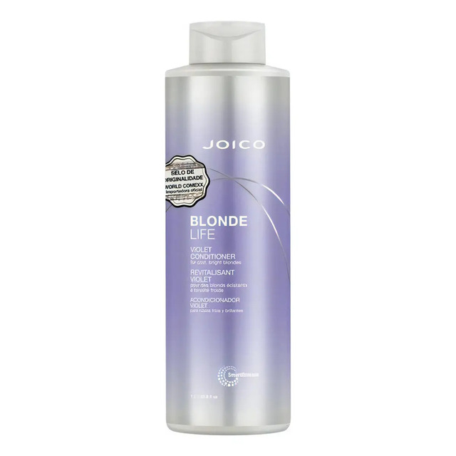 Frasco de 1 litro do condicionador Joico Blonde Life Violet na cor lilás com tampa branca e selo de originalidade World Comexx