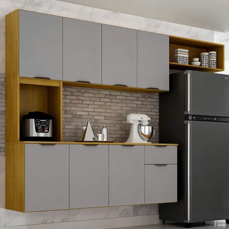 Armario De Cozinha Nara Compacta 8 Portas Com 1 Gaveta 193cm Cor Cinamomo/cinza