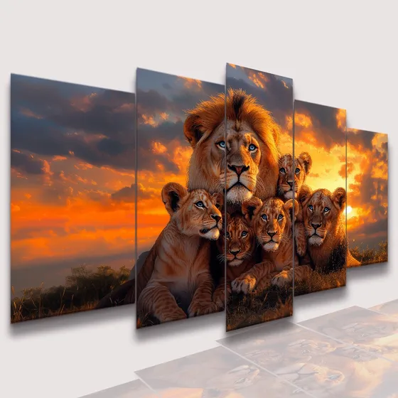 Quadro Decorativo Pôr Do Sol Leão Leoa 4 Filhotes Família