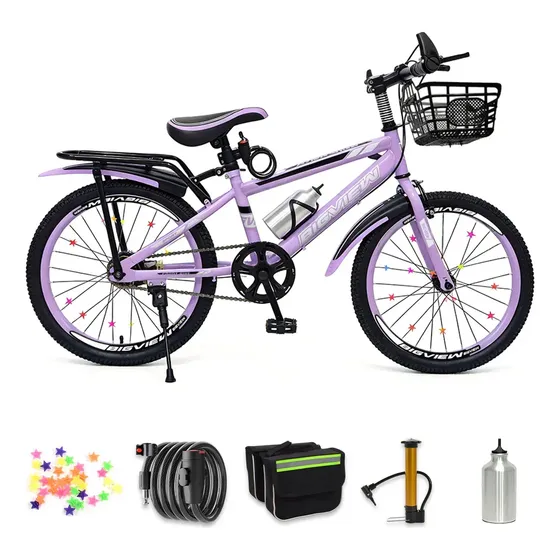 Bicicleta De Montaña Color Morado - Rodada R20 Para Niños Con Pedal Trasero, Asiento Trasero Y Cesta, Incluye Bomba De Aire, Candado Antirrobo, Botella De Agua Y Decoración De Rayos