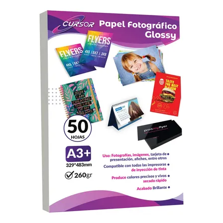 Papel Fotografico Glossy A3+ 260g 50h Cursor Color Blanco